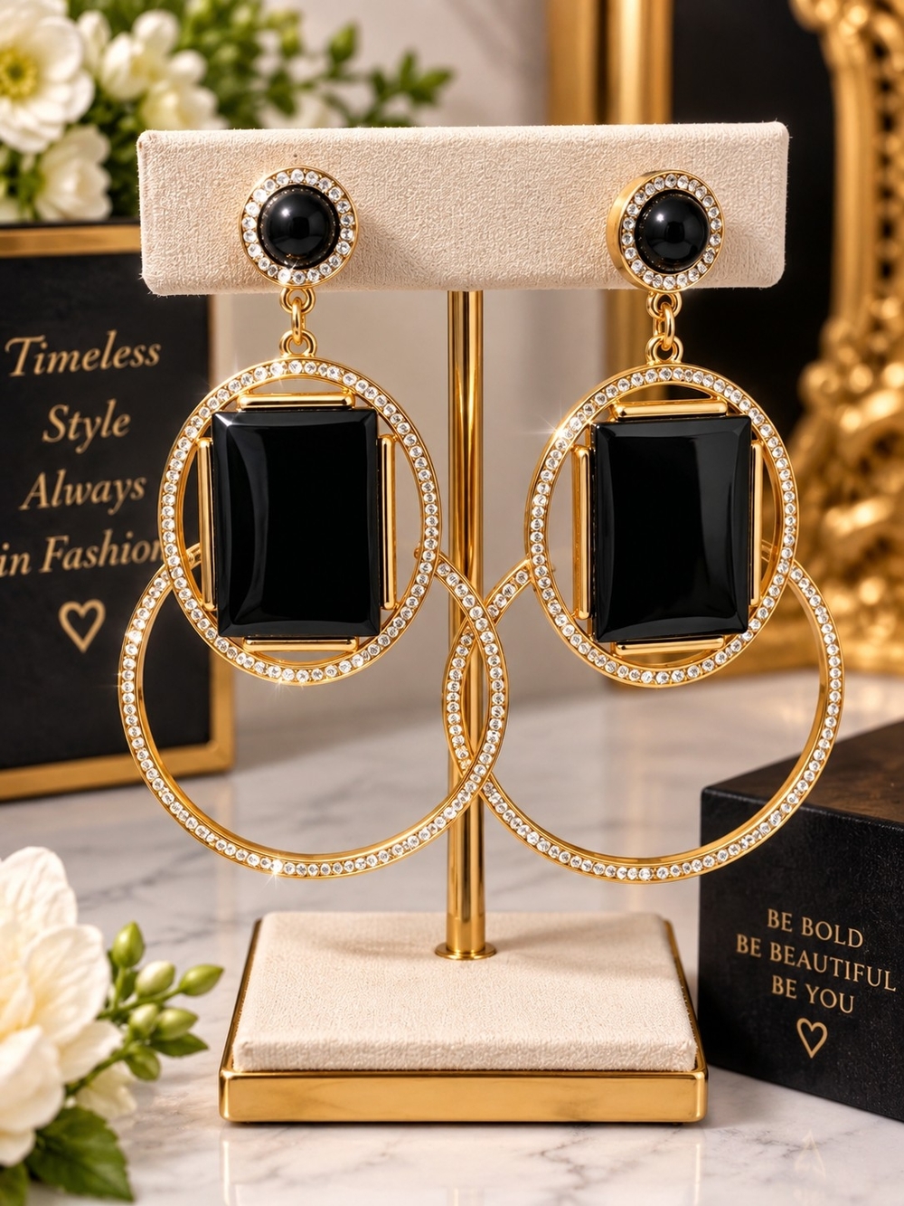 Gold Plated Black Stone Double Hoop Drop Earrings - Elegant Women Jewelry